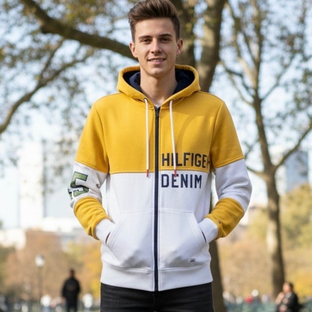 Tommy Hilfiger Denim Colorblock Zip‎ Up Hoodie Yellow White Green Size XS Y2K